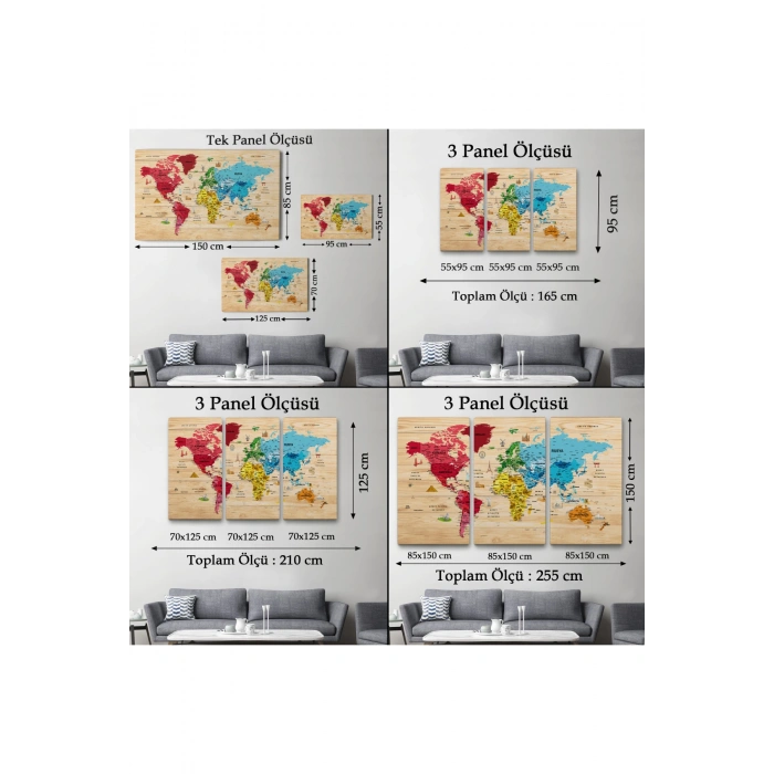 Ahşap Görünümlü Türkçe Dünya Haritası Sembollü Eğitici Kanvas Tablo 2949