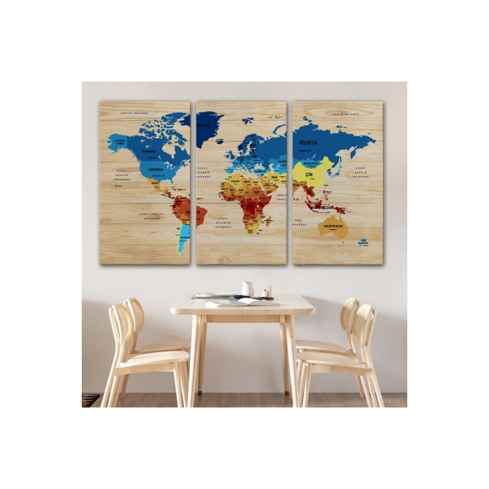 Ahşap Görünümlü Türkçe Dünya Haritası Ülke Başkentli Kanvas Tablo 1820