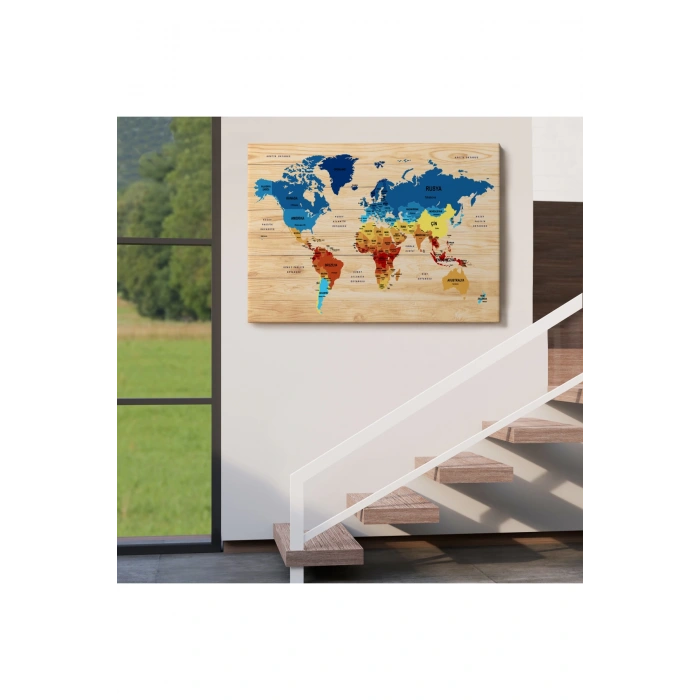 Ahşap Görünümlü Türkçe Dünya Haritası Ülke Başkentli Kanvas Tablo 1820