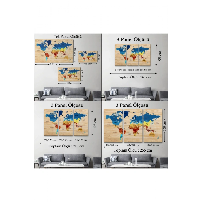 Ahşap Görünümlü Türkçe Dünya Haritası Ülke Başkentli Kanvas Tablo 1820