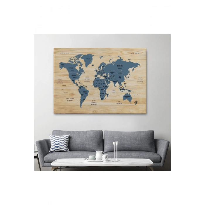 Ahşap Görünümlü Türkçe Dünya Haritası Ülke Başkentli Kanvas Tablo 1842