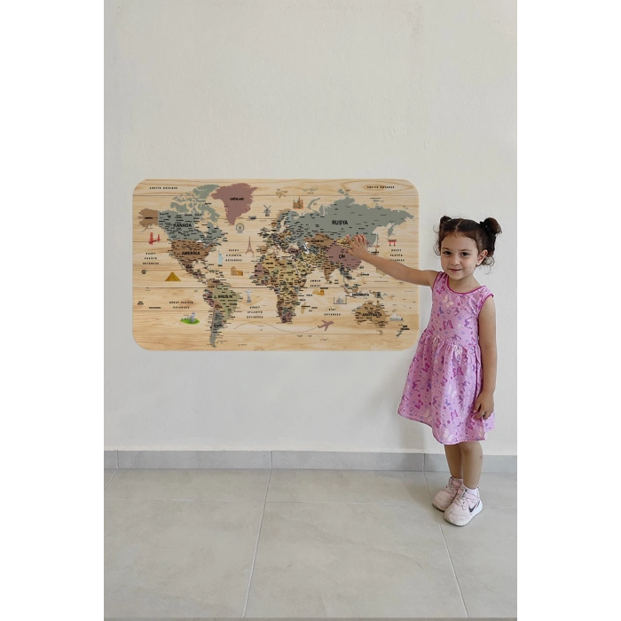 Ahşap Görünümlü Türkçe Eğitici Detaylı Atlası Dünya Haritası Duvar Sticker-60x105-3844