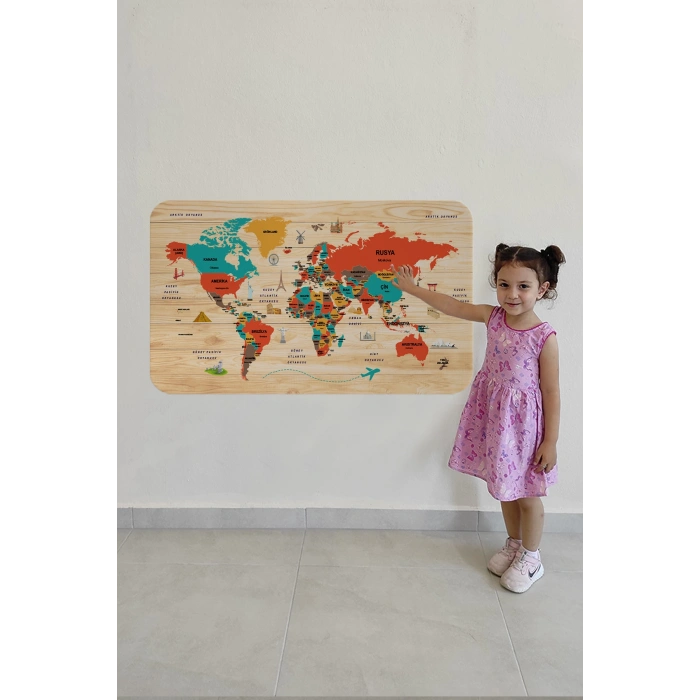 Ahşap Görünümlü Türkçe Eğitici Detaylı Atlası Dünya Haritası Duvar Sticker -60x105-3867