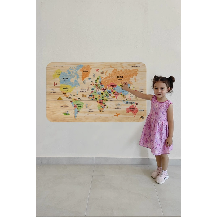 Ahşap Görünümlü Türkçe Eğitici Detaylı Atlası Dünya Haritası Duvar Sticker -60x105-3868