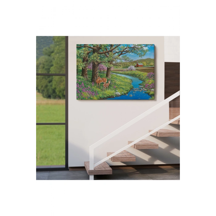 Akarsu Kenarındakı Ceylan ve Yavrusu Duvar Tablosu-6535