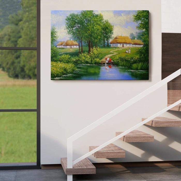 Akarsudan Su Dolduran Kadın Yağlıboya Görünüm Dekoratif Kanvas Duvar Tablosu-3551