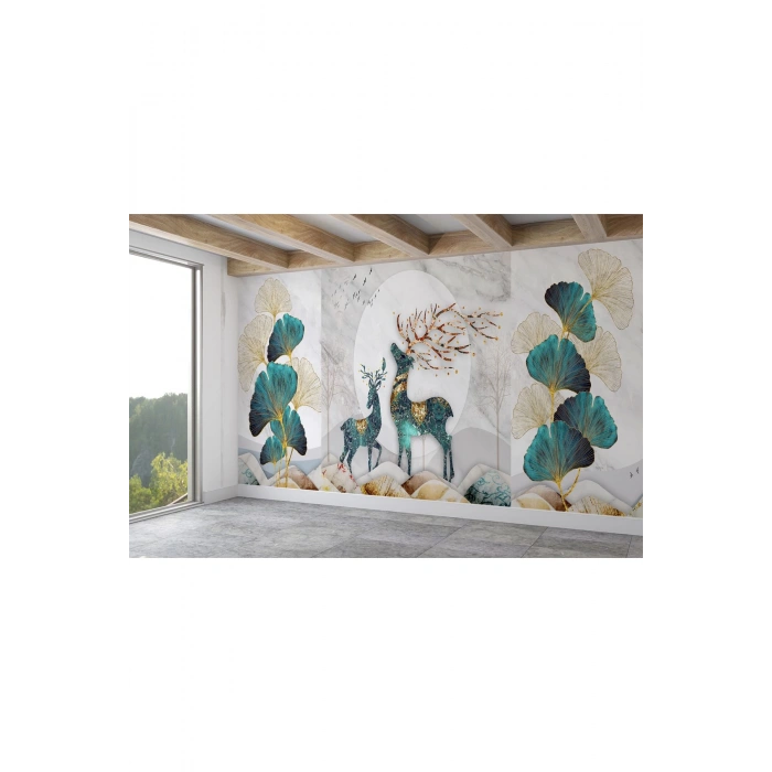 Altın Detaylı Geyik Ve Yavrusu Desenli Duvar Kağıdı-5635