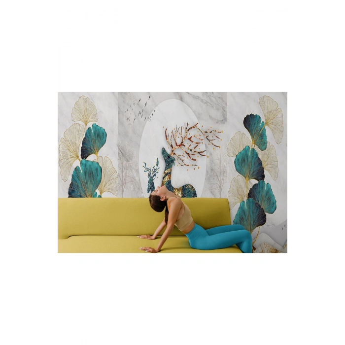 Altın Detaylı Geyik Ve Yavrusu Desenli Duvar Kağıdı-5635