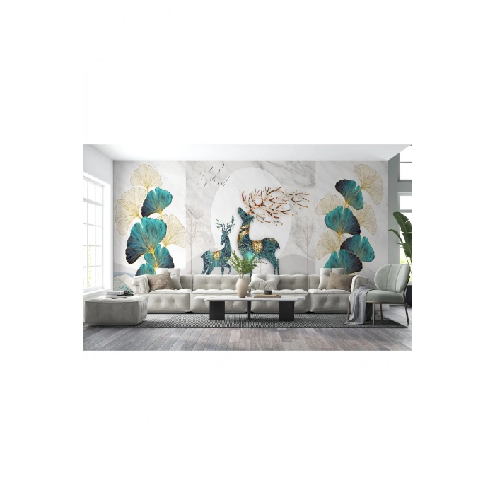 Altın Detaylı Geyik Ve Yavrusu Desenli Duvar Kağıdı-5635