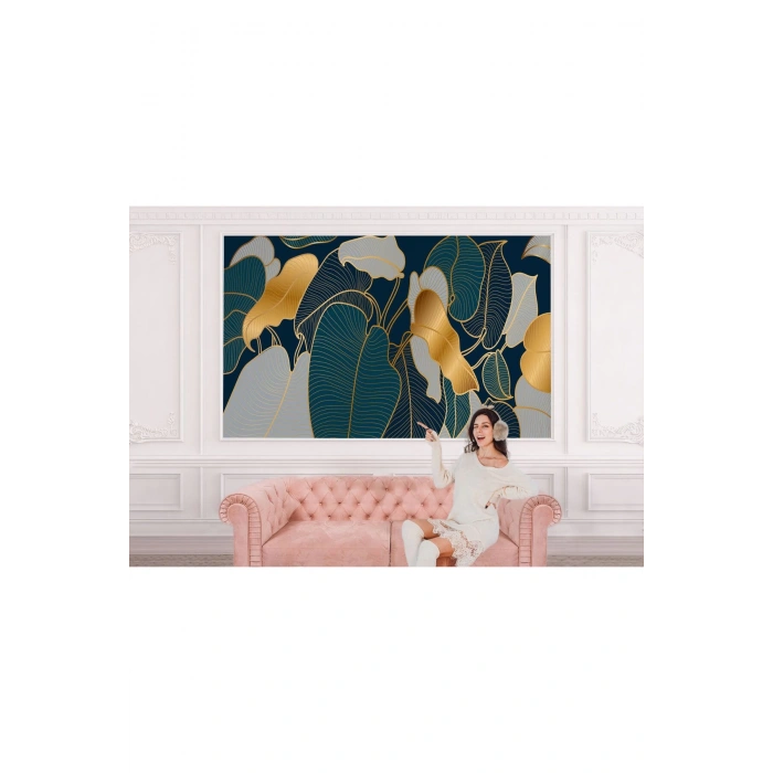 Altın Detaylı Tropical Yapraklar Desenli Duvar Kağıdı-5623