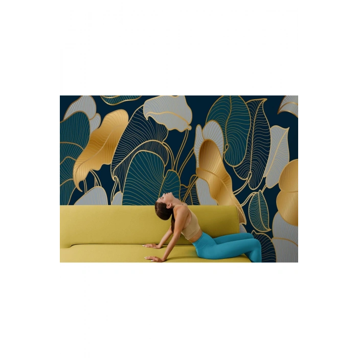 Altın Detaylı Tropical Yapraklar Desenli Duvar Kağıdı-5623