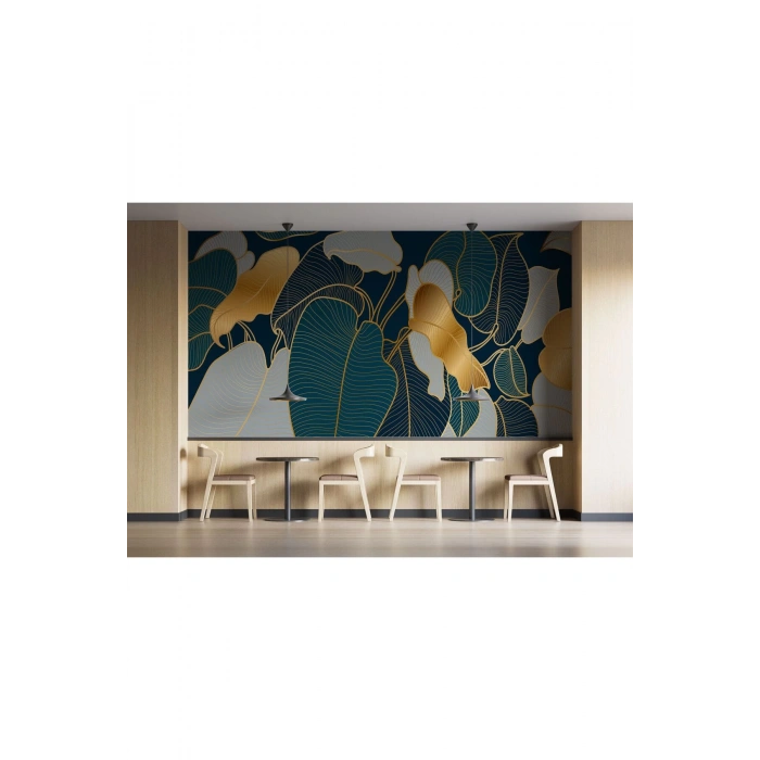 Altın Detaylı Tropical Yapraklar Desenli Duvar Kağıdı-5623