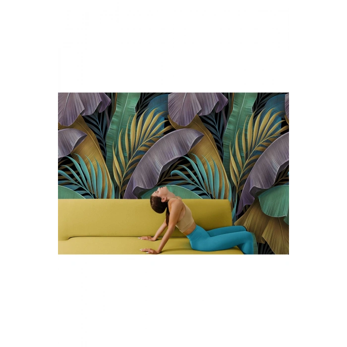 Altın Detaylı Tropical Yapraklar Desenli Duvar Kağıdı-5628