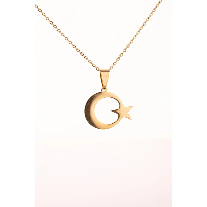 Altın Renk Ay Yıldız Çelik Kolye Kararmaz Paslanmaz Çelik Anlamlı ve Şık (Unisex)