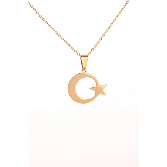 Altın Renk Ay Yıldız Çelik Kolye Kararmaz Paslanmaz Çelik Anlamlı ve Şık (Unisex)