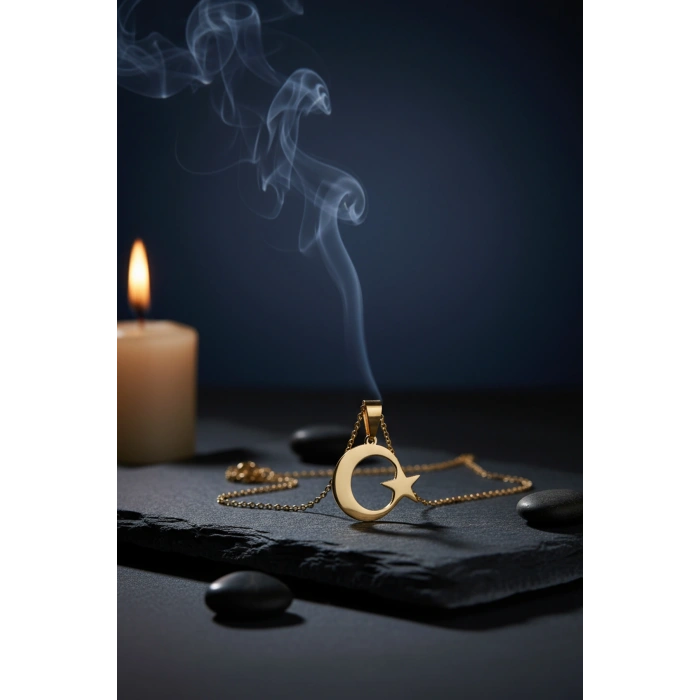 Altın Renk Ay Yıldız Çelik Kolye Kararmaz Paslanmaz Çelik Anlamlı ve Şık (Unisex)