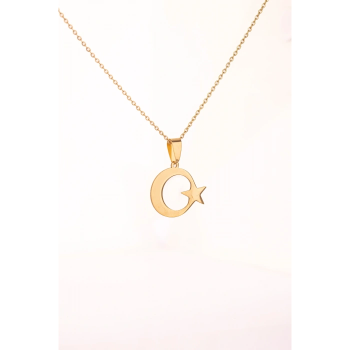 Altın Renk Ay Yıldız Çelik Kolye Kararmaz Paslanmaz Çelik Anlamlı ve Şık (Unisex)