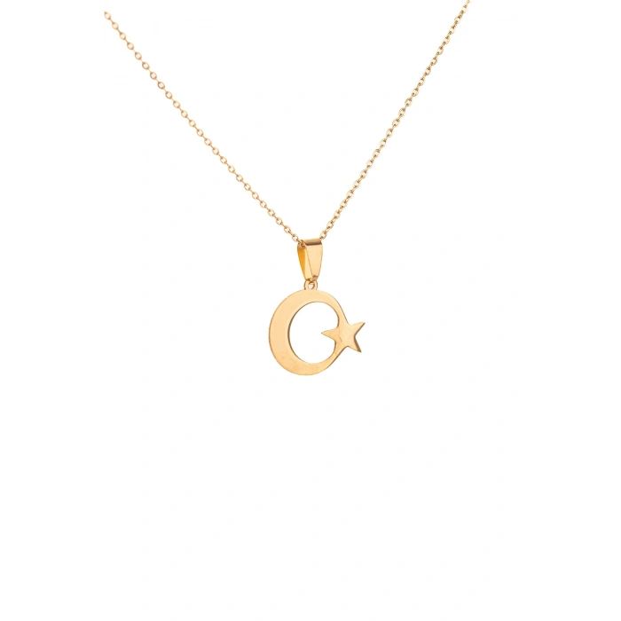 Altın Renk Ay Yıldız Çelik Kolye Kararmaz Paslanmaz Çelik Anlamlı ve Şık (Unisex)