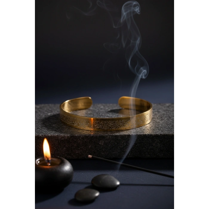 Altın Renk Ayetel Kürsi Nalı Şerif Yazılı Çelik Bileklik Ayarlanabilir Paslanmaz Kararmaz Unisex