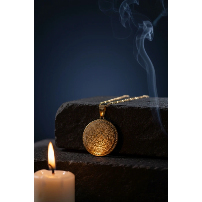 Altın Renk Hilye-i Şerif Yazılı Paslanmaz Kararmaz Çelik Kolye Çelik Zincir (Unisex)