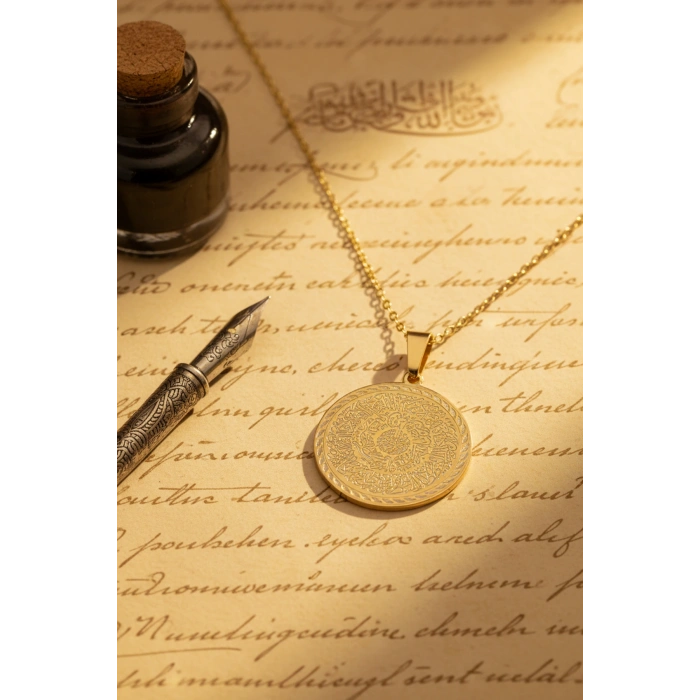 Altın Renk Hilye-i Şerif Yazılı Paslanmaz Kararmaz Çelik Kolye Çelik Zincir (Unisex)