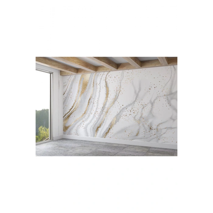 Altın Ve Beyaz Soyut Mermer Desenli Duvar Kağıdı-5538