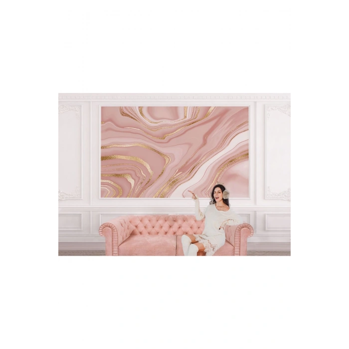 Altın Ve Pembe Detaylı Mermer Desenli Duvar Kağıdı-5534