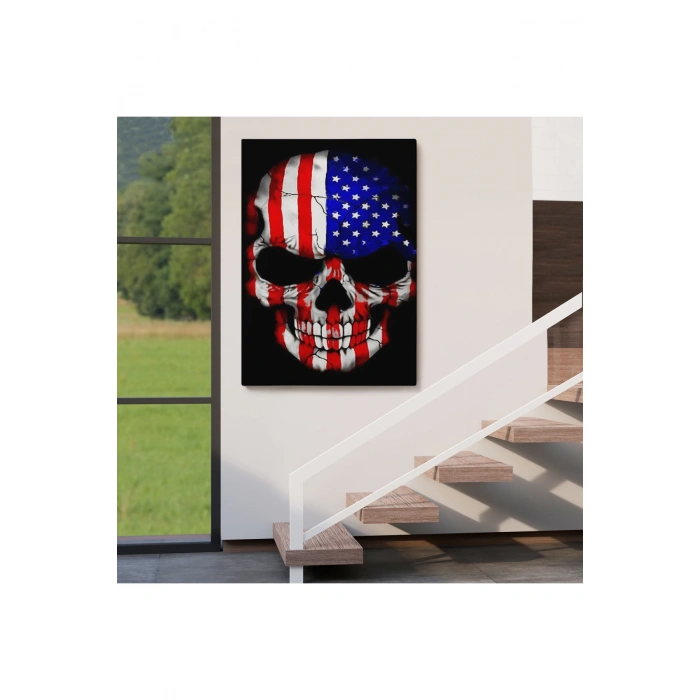 Amerika Bayrağı ve Kurukafa Dekoratif Duvar Tablosu-6356