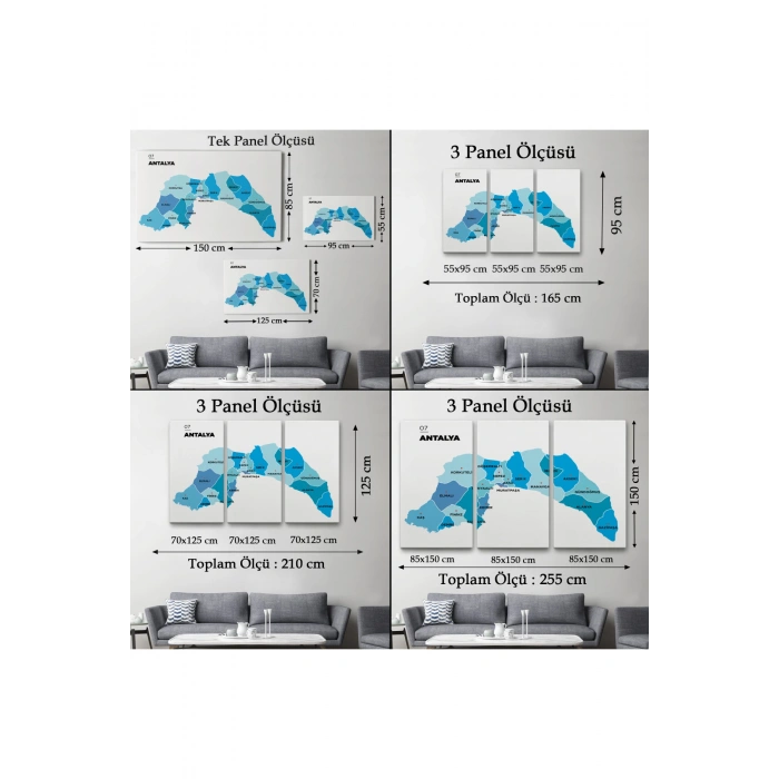 Antalya   İli ve İlçeler Haritası  Dekoratif Kanvas Tablo 1267