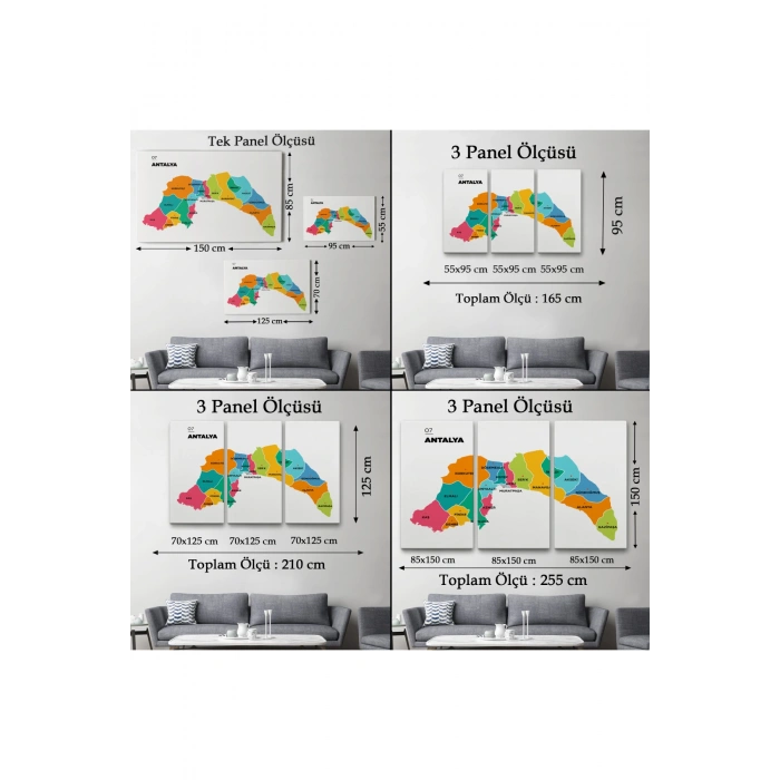 Antalya   İli ve İlçeler Haritası  Dekoratif Kanvas Tablo 1269
