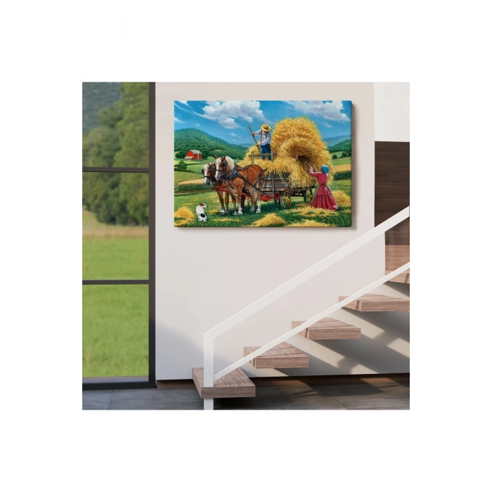 At Arabasına Saman Yükleyen Köylüler Duvar Tablosu-6531