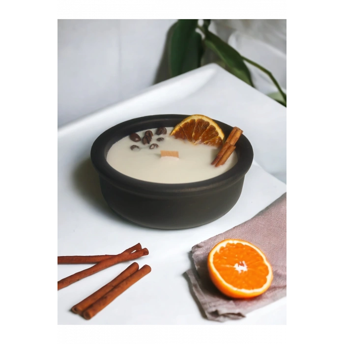 Bal-Tarçın Kokulu Aromaterapi Mum, Ahşap Fitilli, Dekoratif Doğal Çömlek Mum