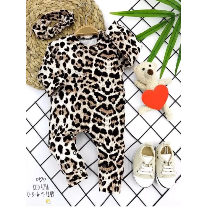 bandajlı leopar baskılı uzun kollu kız bebek tulum