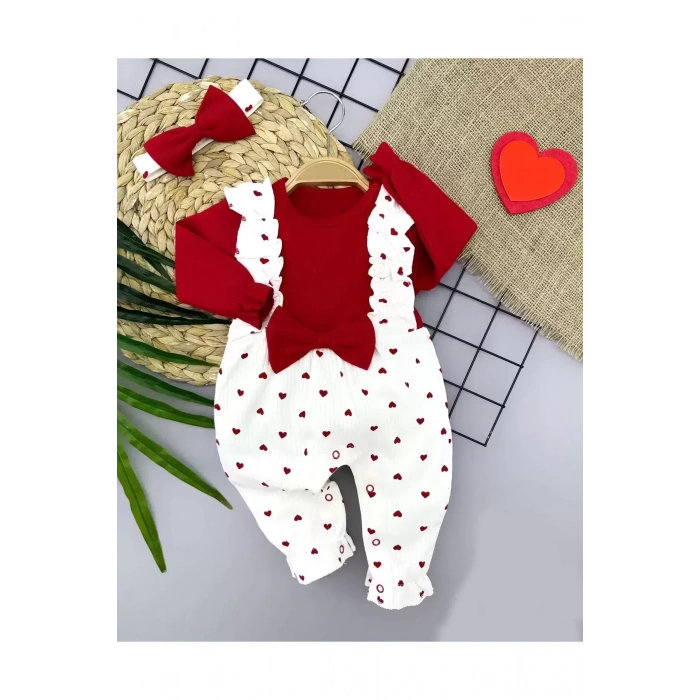 Bandanalı Fiyonk Detaylı Salopet Görünümlü Kalp Desenli 2li Kız Bebek Tulumu Kırmızı