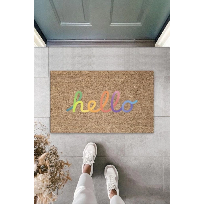 Bej Kapı Önü Paspası Hello Desen  K-3287