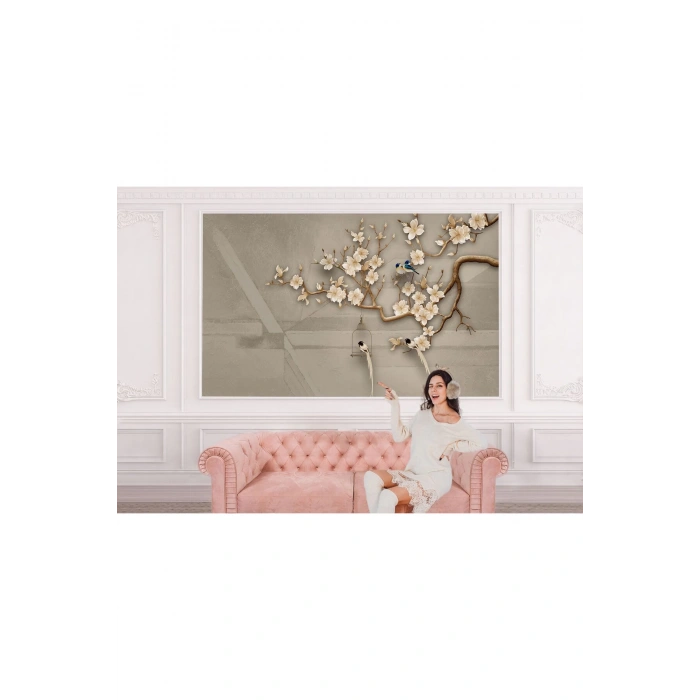 Beyaz Çiçekli Açaç ve Kuşlar Desenli Duvar Kağıdı-5612