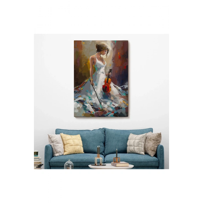 Beyaz Elbiseli Kemani Kadın Duvar Tablosu-6380