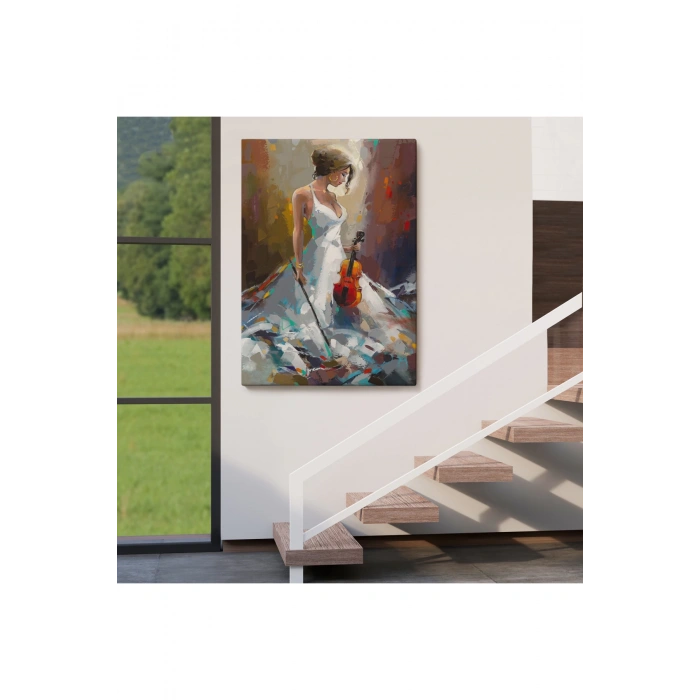 Beyaz Elbiseli Kemani Kadın Duvar Tablosu-6380