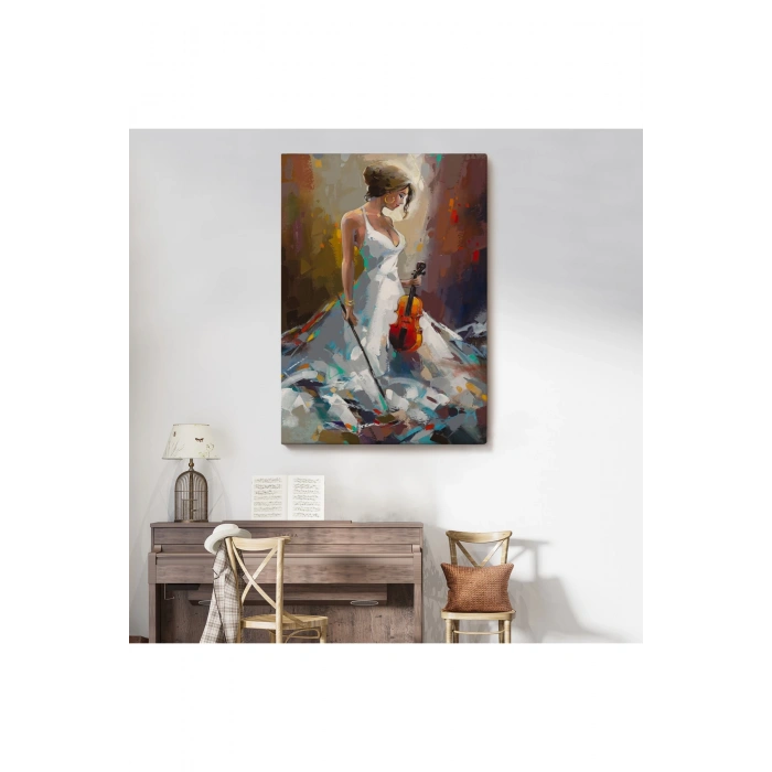 Beyaz Elbiseli Kemani Kadın Duvar Tablosu-6380