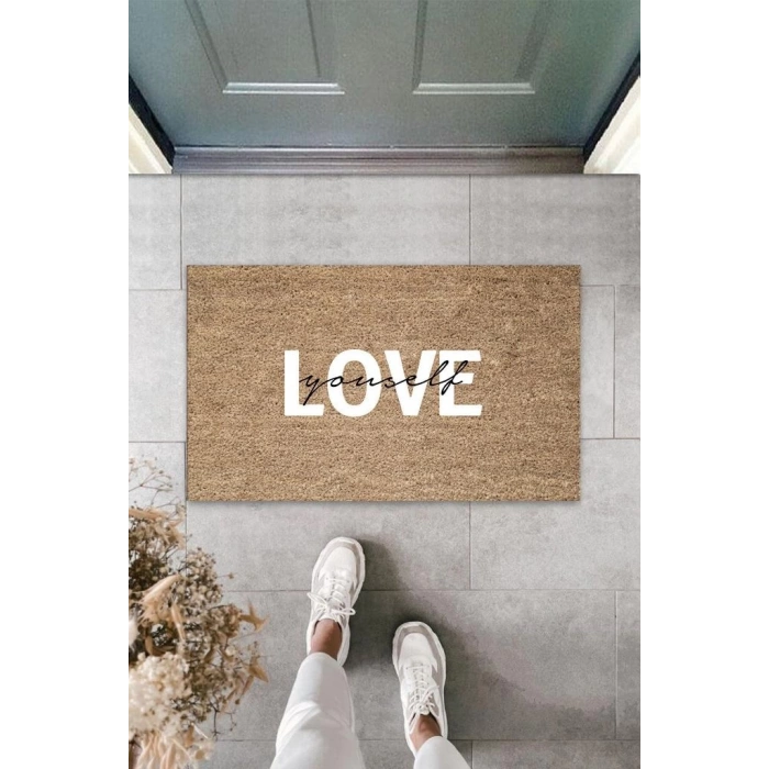 Beyaz Kapı Önü Paspası Yourself Love Desen  K-3305