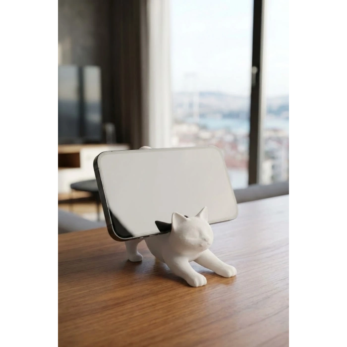 Beyaz Kedi Telefon Tablet Tutucu 10 x 10 cm