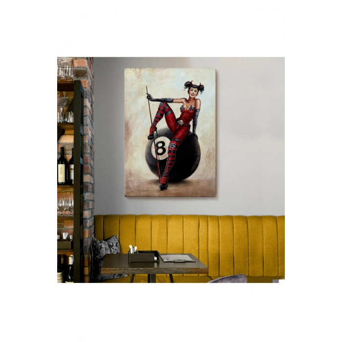 Bilardo Topunun Üstünde Oturan Pub Kızı Duvar Tablosu-6230