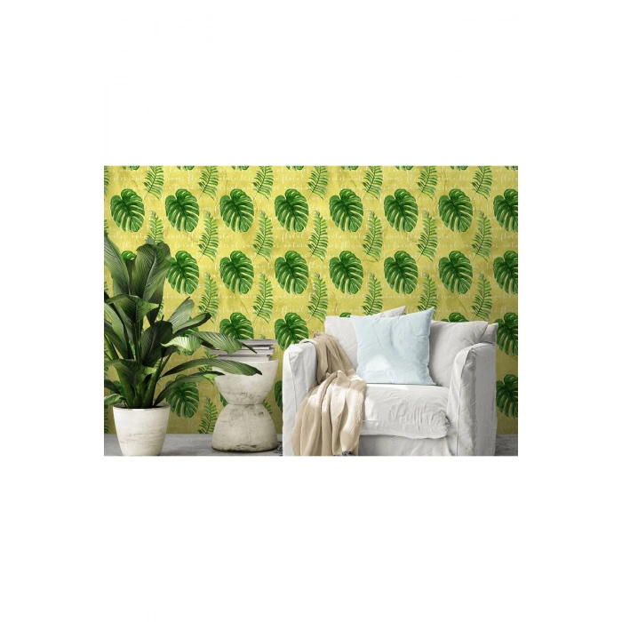 Botanik Tropikal Yaprak Desenli Duvar Kağıdı-5580