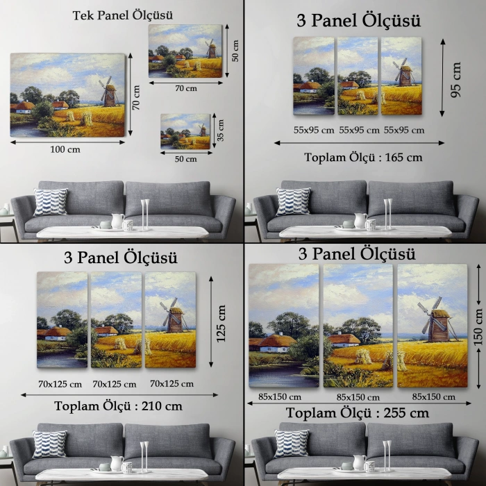 Buğday Tarlası Ve Değirmen Yağlıboya Görünüm Dekoratif Kanvas Duvar Tablosu-3556