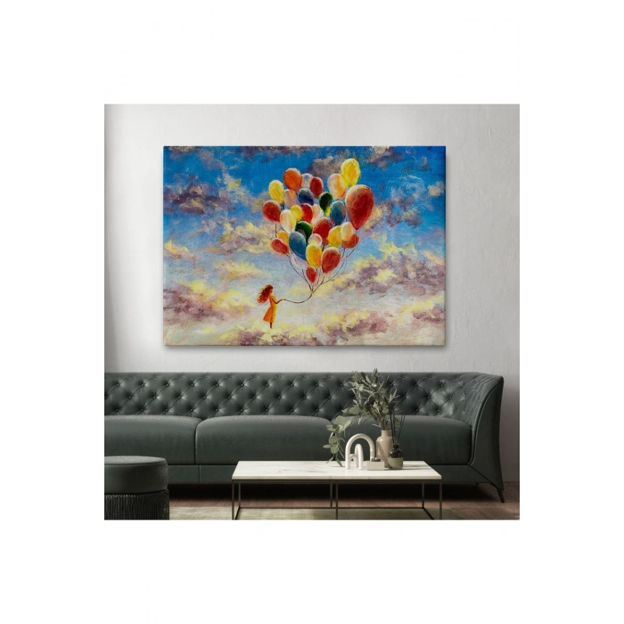 Bulutlaların Üzerindeki Renkli Balonları Tutan Kız Tablosu-6643