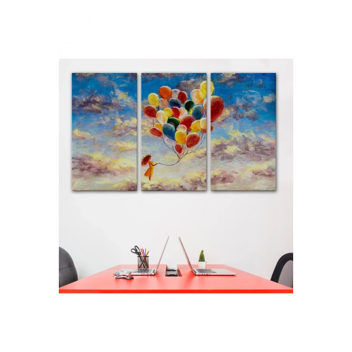 Bulutlaların Üzerindeki Renkli Balonları Tutan Kız Tablosu-6643