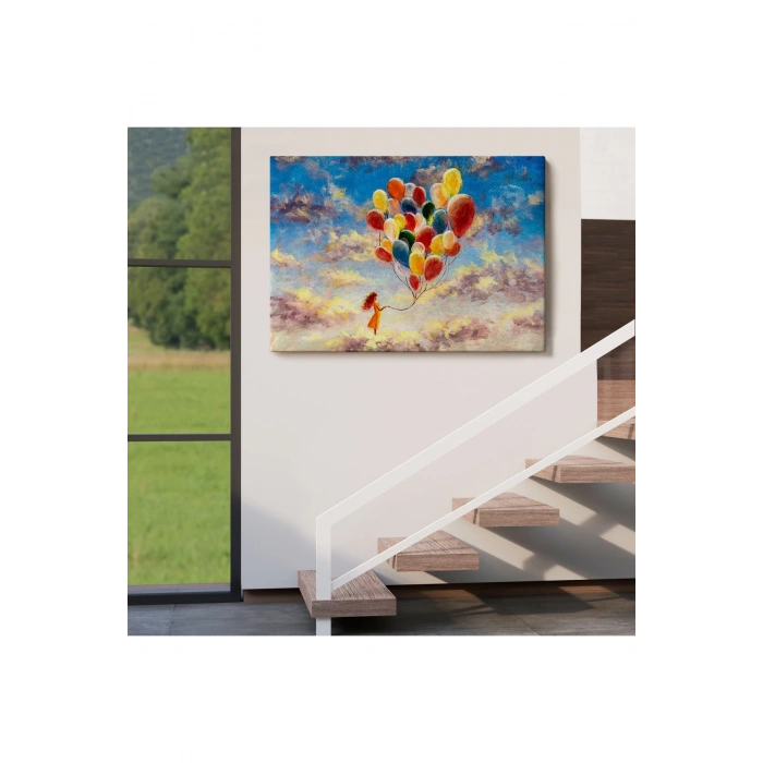 Bulutlaların Üzerindeki Renkli Balonları Tutan Kız Tablosu-6643