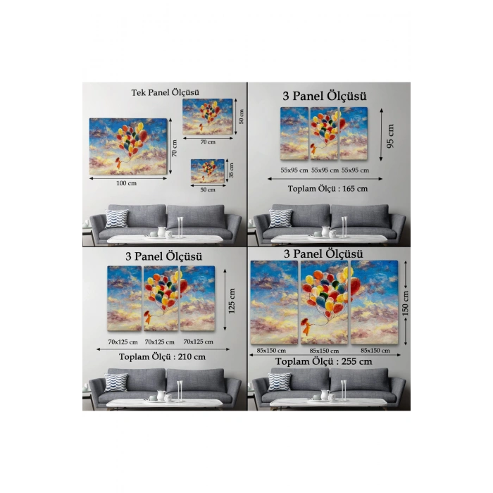 Bulutlaların Üzerindeki Renkli Balonları Tutan Kız Tablosu-6643
