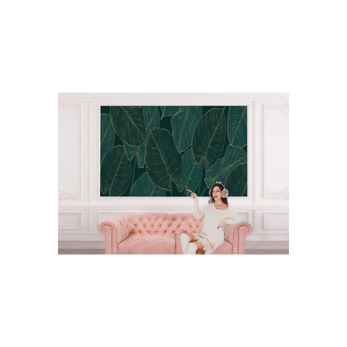 Büyük Tropikal Yeşil Yapraklar Desenli Duvar Kağıdı-5618
