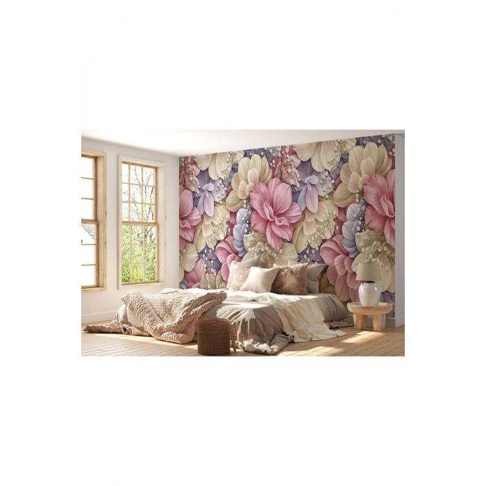 Büyük Yapraklı Dekoratif Desenli Çiçek Duvar Kağıdı-5632